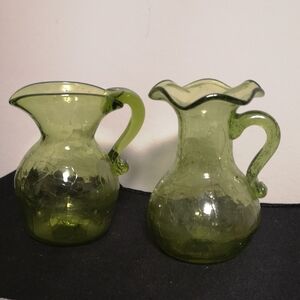 Set Of Two Vintage Crackle Green Glass Pitchers One With Ruffle Edge Both Handle